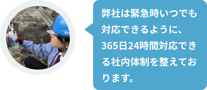 弊社は緊急時いつでも対応できるように、365日24時間対応できる社内体制を整えております。